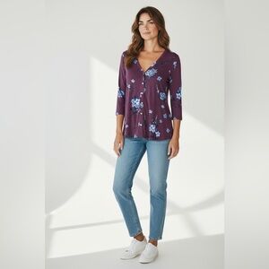J. Jill 3/4 Sleeve Button Front Purple Floral Blouse Size XS
